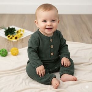 Baby Boy Girl Hunter Green Muslin Cotton Romper One Piece Neutral Jumpsuit 6-9M